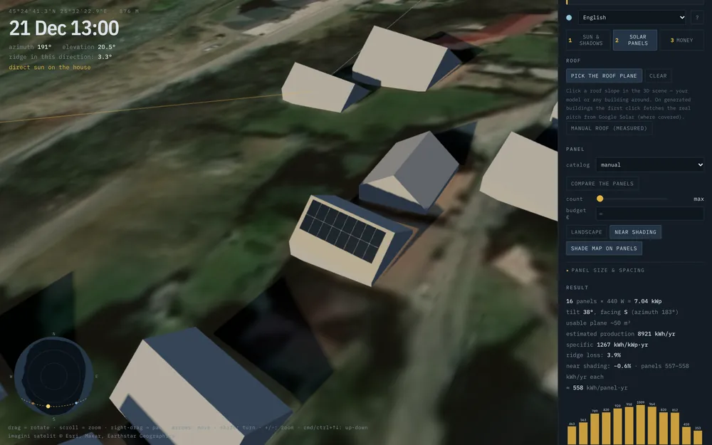 Solar panels laid out automatically on the south slope of a house, with the estimated output for each month.